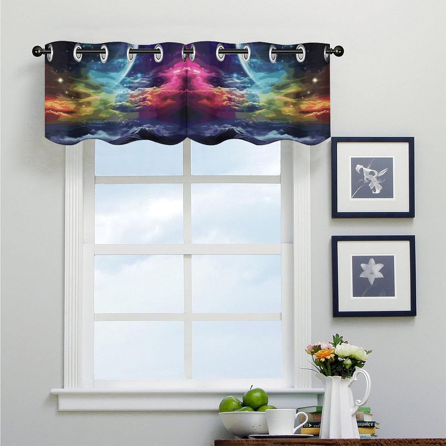 Rainbow Sky and Moon 2 Pack Valance Curtains Window Treatments. Adjustable Curtain with Rod Pocket.Cafe Curtains is Half Curtains for Privacy Decorative 52x18.1 Inch.