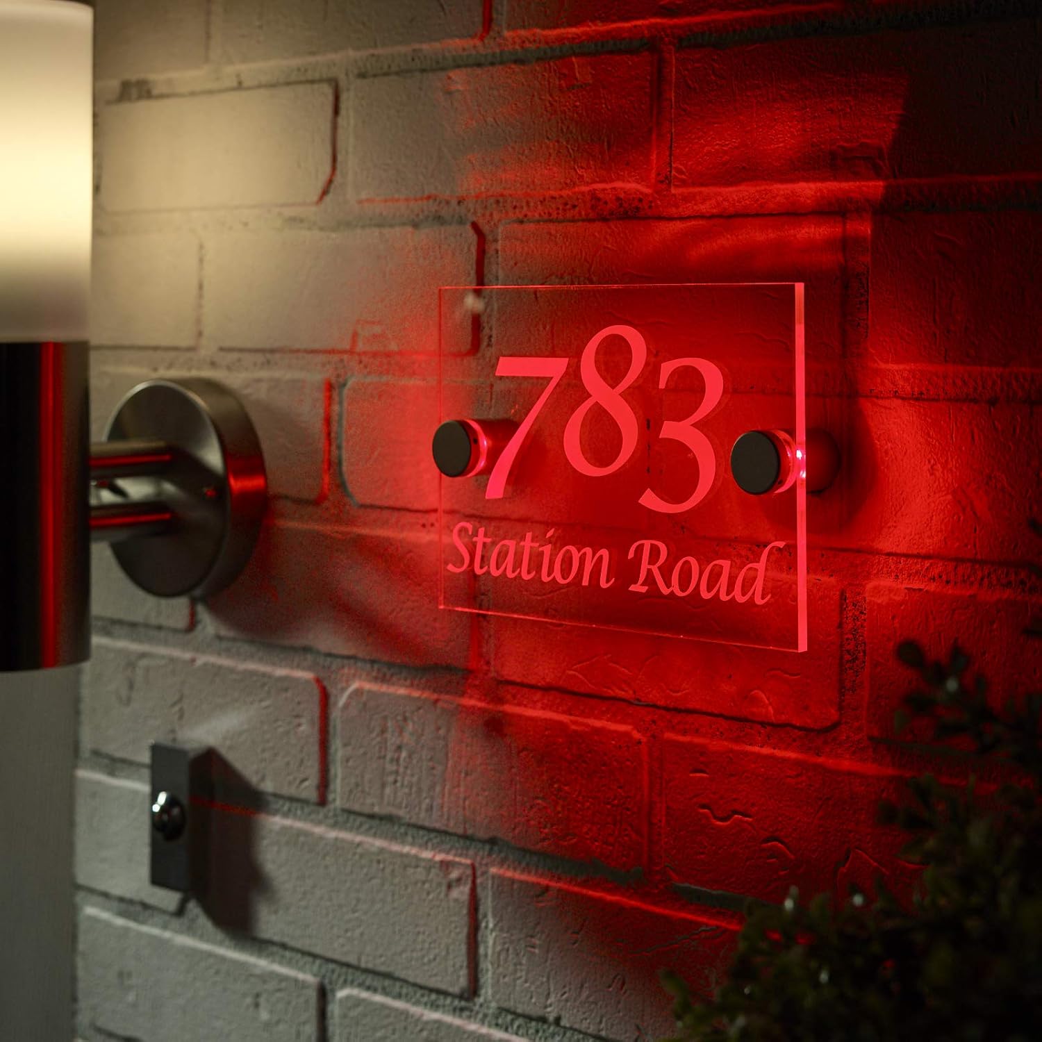 Illuminated Personalised House Sign for Front door, Bespoke to Your Address LED Stand Offs Backlit Floating Shadow Effect, Long Lasting, Colour:red