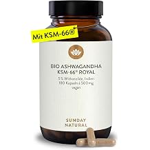 SUNDAY NATURAL Organic Ashwagandha Capsules - Premium Raw Material KSM-66 - 180 Capsules - 1000mg Root Extract with 50mg Withanolides 5% per Daily Dose - Ashwaganda from India