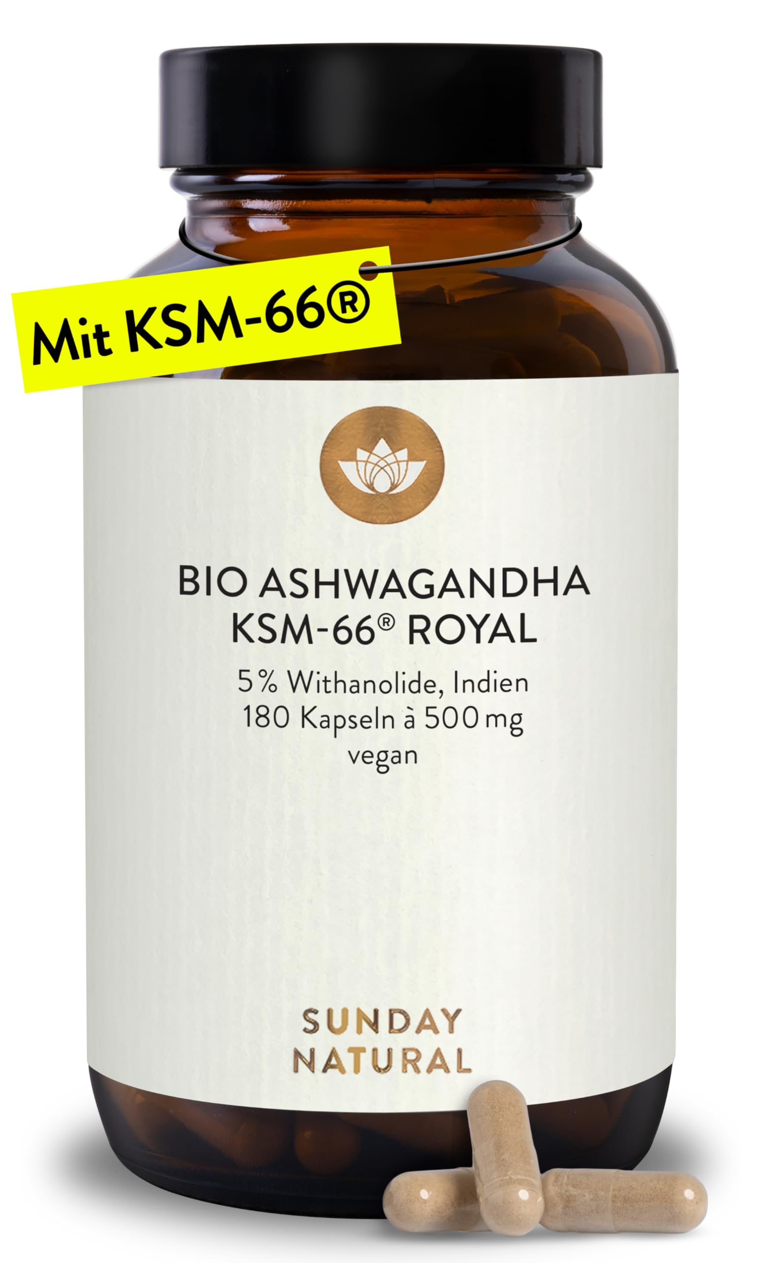 SUNDAY NATURAL® Bio Ashwagandha Kapseln - Premiumrohstoff KSM-66® – 180 Kapseln - 1.000mg Wurzelextrakt mit 50mg Withanoliden (5%) pro Tagesdosis – Ashwaganda aus Indien
