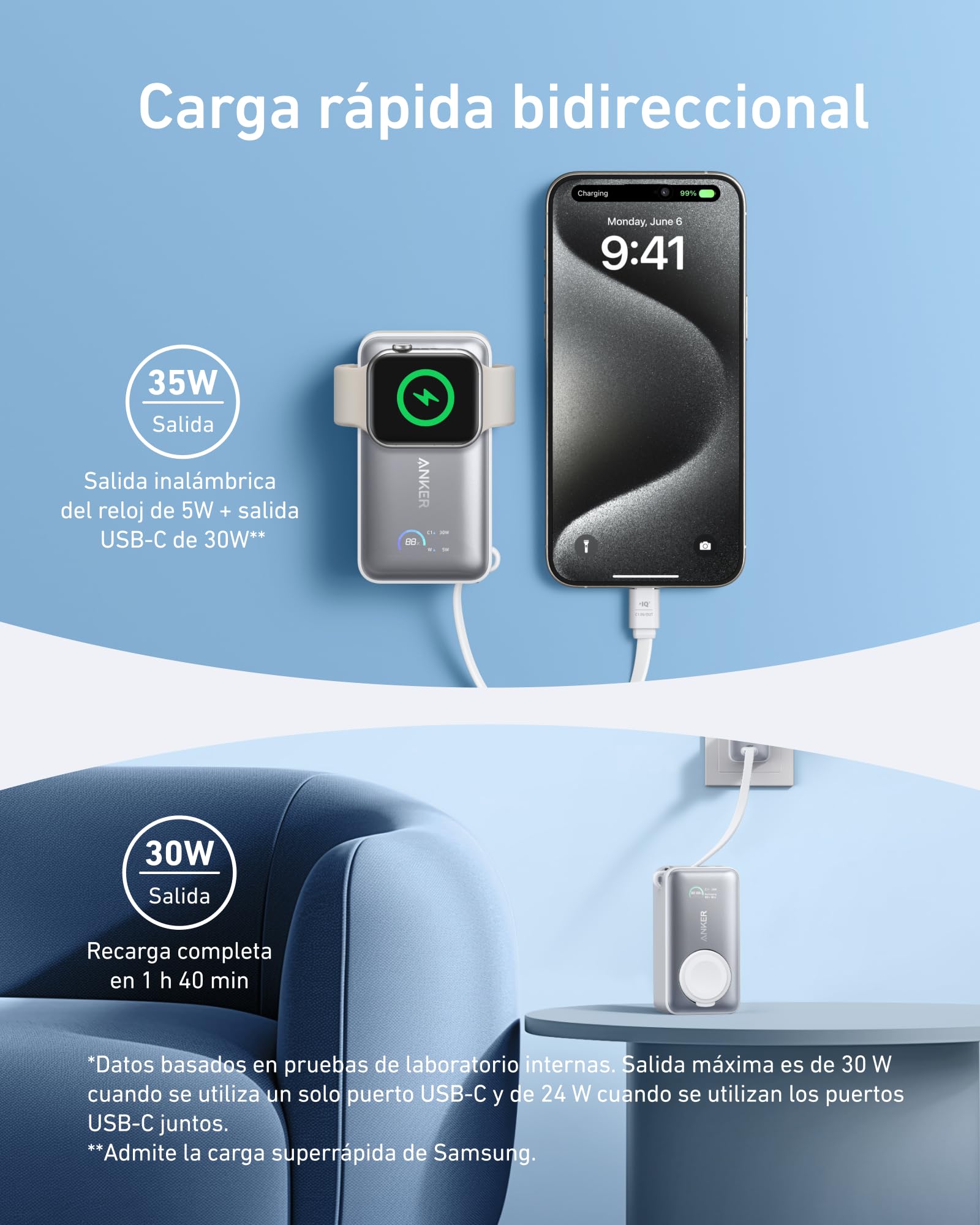 Anker MagGo Power Bank para Apple Watch, 10.000 mAh, 35 W máx. | Con certificación oficial y cable USB C integrado, para iPhone serie 17/16/15, Samsung, iPad y AirPods