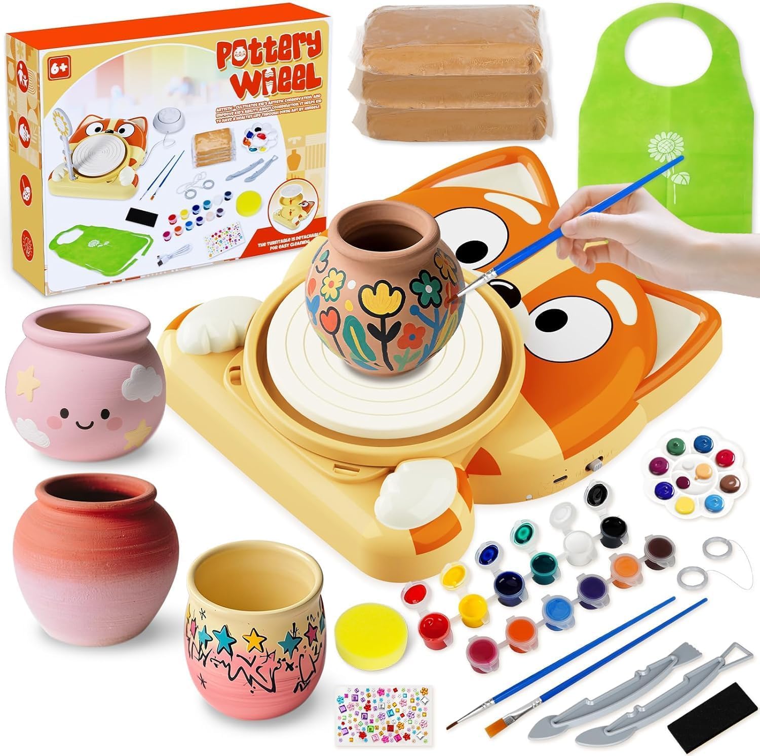 Kit Poterie Enfant - Jouet Tour de Potier Électrique - Atelier de Poterie Complet pour Débutants 6+ Ans avec 3 x Argile Auto Séchante – Activité Manuelle Enfant Cadeau pour Garçons/Filles (Chiot)