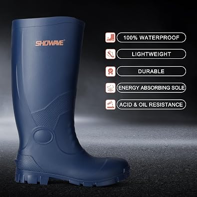 Showave Men's Rain Boots with Reinforced Steel Shank Waterproof Rubber Boots Durable Concrete Boot Outdoor Work Boots Lightweight Mud Boots Plain Toe for Agriculture Industrial