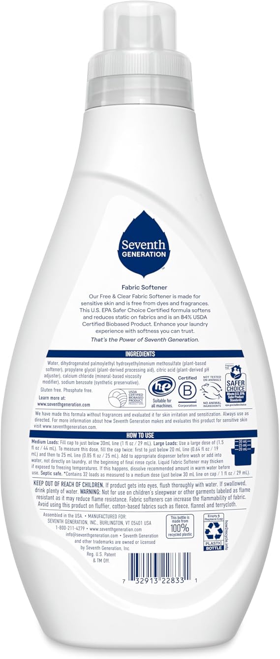 Seventh Generation Laundry Fabric Softener Liquid, Free & Clear, Reduces Static, 32 Fl Oz