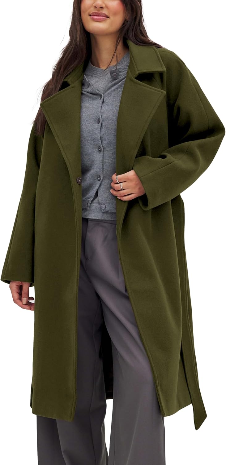 Belted Coat for Women Winter Classic Loose Open Front Notch Lapel Trench Peacoat Long Outwear with Pockets