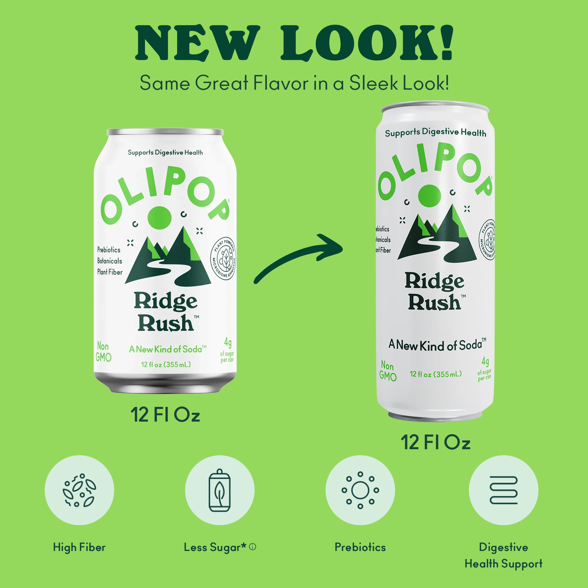 OLIPOP Sparkling Prebiotic Soda,Ridge Rush,Pantry Pack Packed with Prebiotics,Fiber,and Botanicals,Gluten Free,Vegan,GMO Free,12oz Skinny Can,(Pack of 24)