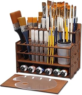 OPHIR Paint Brush Holder, 101 Holes Wooden Paint Brush Organizer with A Mini Acrylic Painting Palette & Cleaner Cup for Painting Brushes, Markers, Colored Pencils Organizer