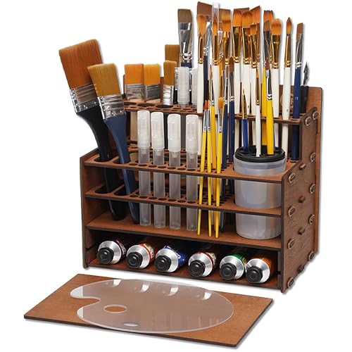OPHIR Paint Brush Holder, 101 Holes Wooden Paint Brush Organizer with A Mini Acrylic Painting Palette & Cleaner Cup for Painting Brushes, Markers, Colored Pencils Organizer