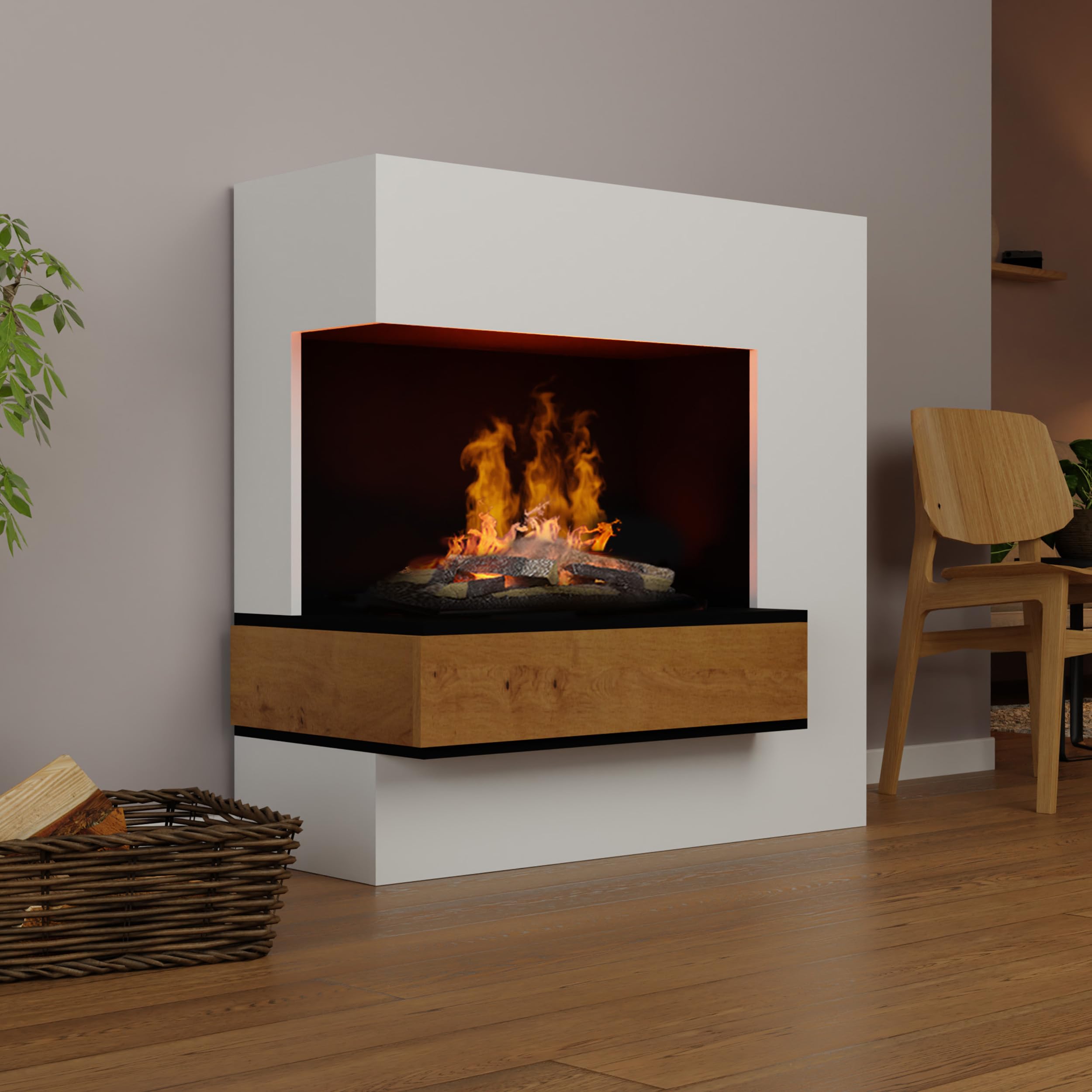 GLOW FIRE Caminetto a vapore PLANCK hoch sinistra - Caminetto elettrico con fiamme LED 3D realistiche, effetto crepitio, telecomando, 111x110 cm - Opti-Myst 600 con decoro in legno, Bianco
