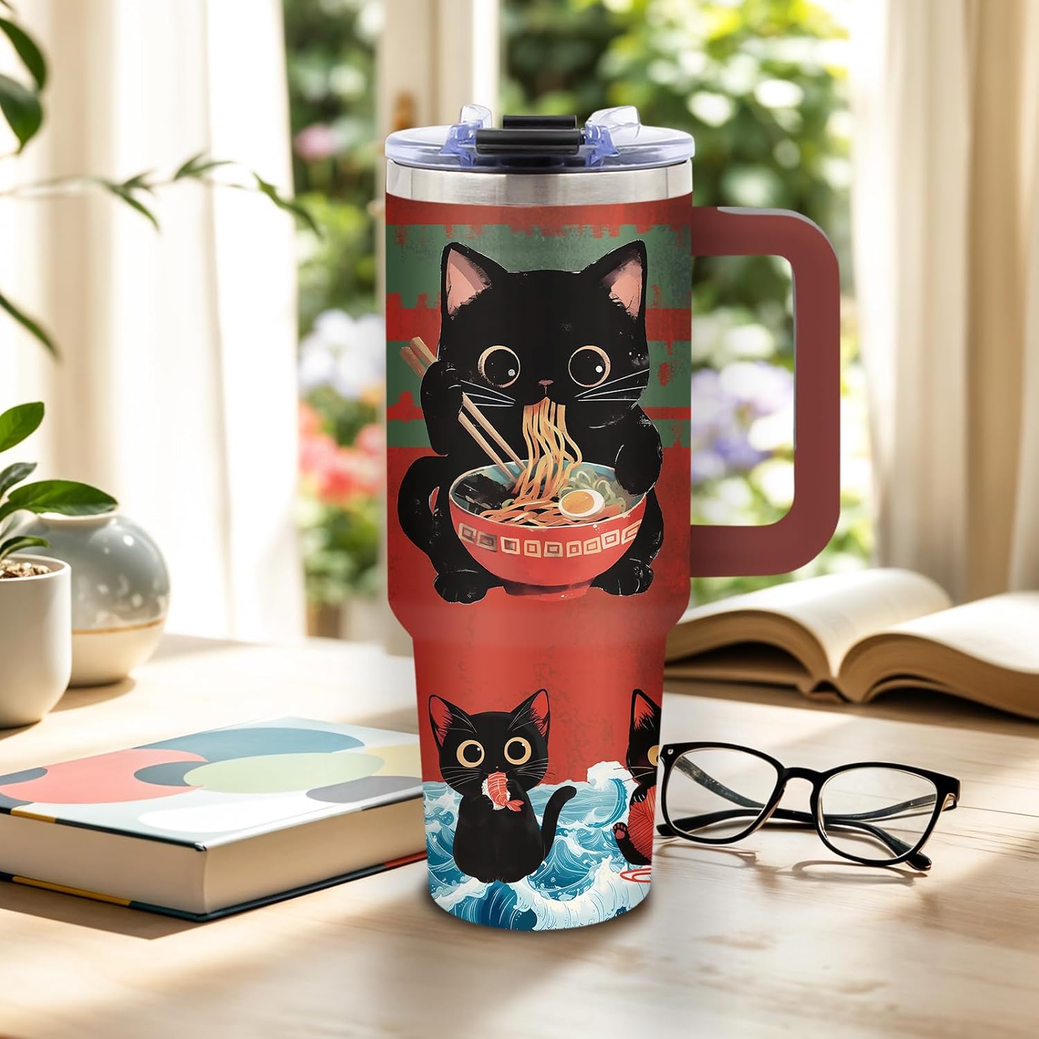 DUUV Cat Tumbler 40 Oz, Anime & Gaming Design, Stainless Steel Insulated Mug with Ramen and Gaming Controller, Thanksgiving Christmas Gift for Cat Lovers, Anime Fans, and Gamers, 1PCS - Image 2