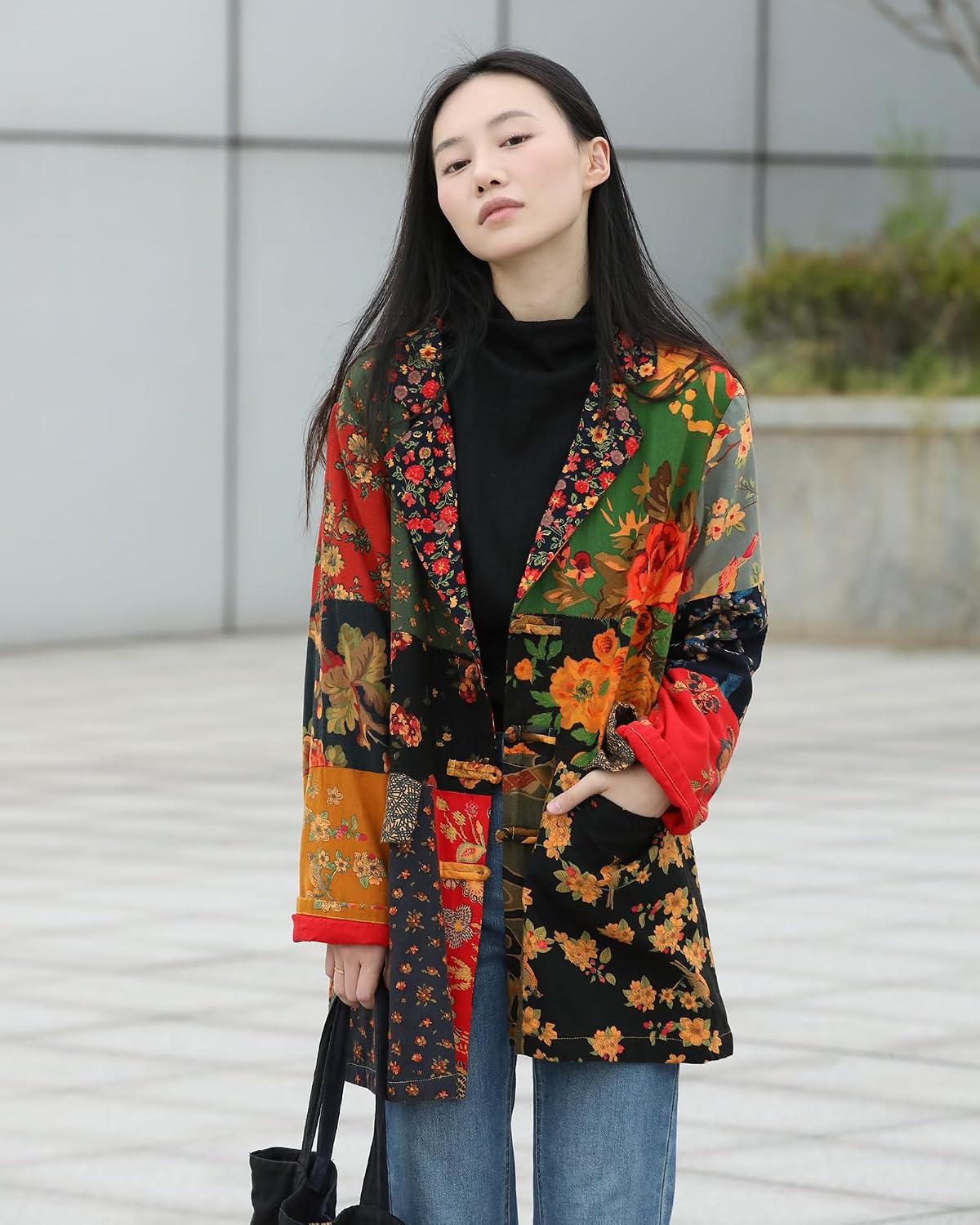 Womens Blazers Casual Open Front Long Sleeve Floral Jackets with Patchwork Color Block & Pockets