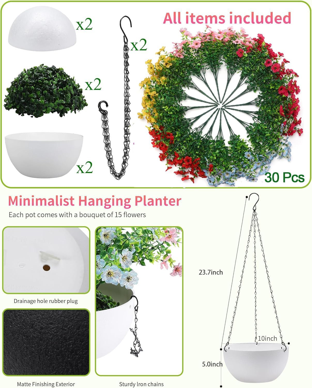Artificial Hanging Flowers Basket for Outdoors, 30 Pack UV-Resistant Fake Colorful Silk Daisy Flowers (2 White Planters+30 Flowers(Pink,Rose,Red,Yellow,Blue))