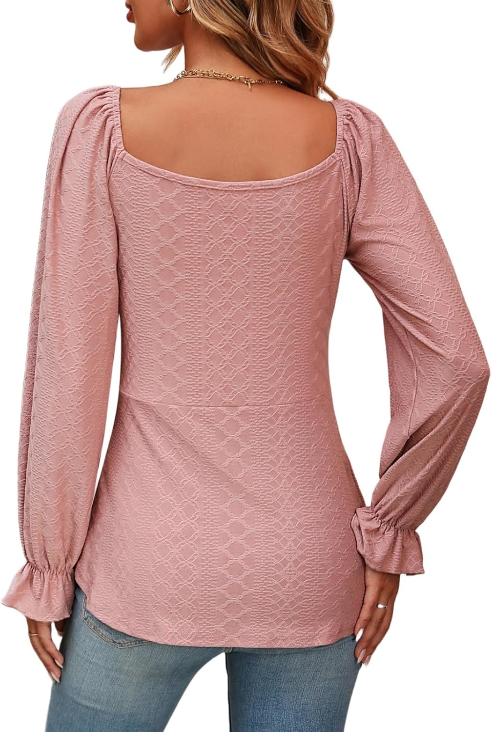 AMOMA Women Casual Tie Front Ruched Drawstring Long Sleeve Jacquard Shirt Elegant Flowy Tunic Tops(XL,Pink) - Image 4