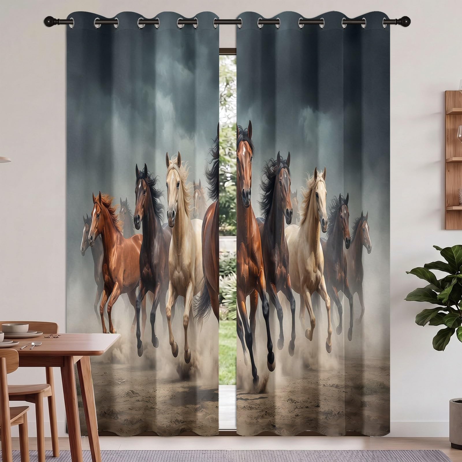 Generisch Verdunkelungsvorhänge Natur Landhausstil, Ölgemälde Tier Pferd Staub Vorhänge mit Ösen für Wohnzimmer, H245 x B100 cm 2 Paneele Blickdicht Thermovorhang Dekoration für Schlafzimmer, Beige