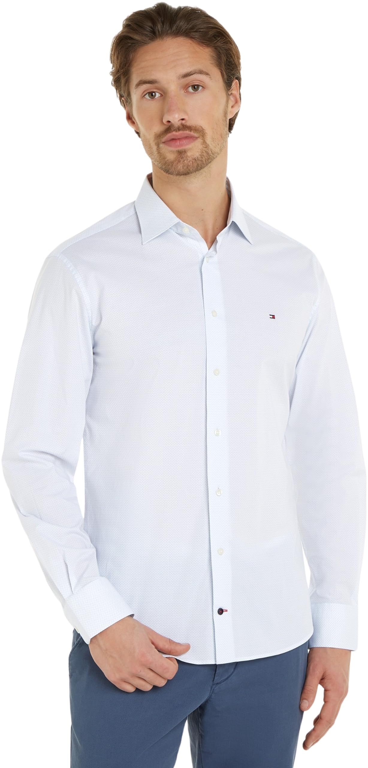 Tommy Hilfiger Hombre Camisa Manga Larga, Azul (Anchor Blue / Optic White), 41