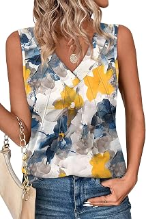 OFEEFAN Women's Loose Fit V-Neck Sleeveless Tank Tops - Ruched Summer Tees, Straight Hem, Comfy High-Stretch Fabric