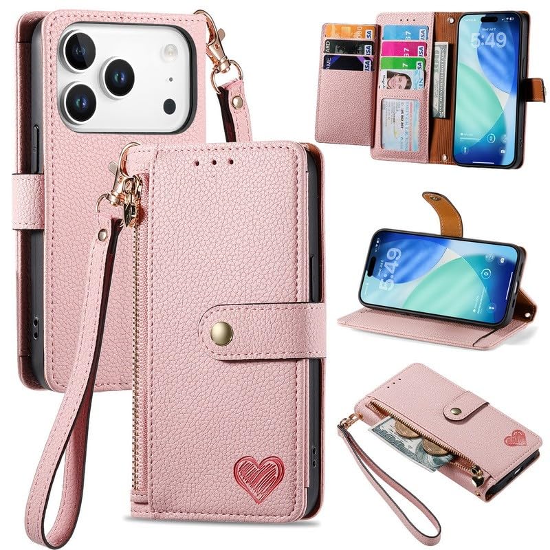 Étui portefeuille iPhone 17 Pro Max cuir rose sécurisé par fermeture éclair