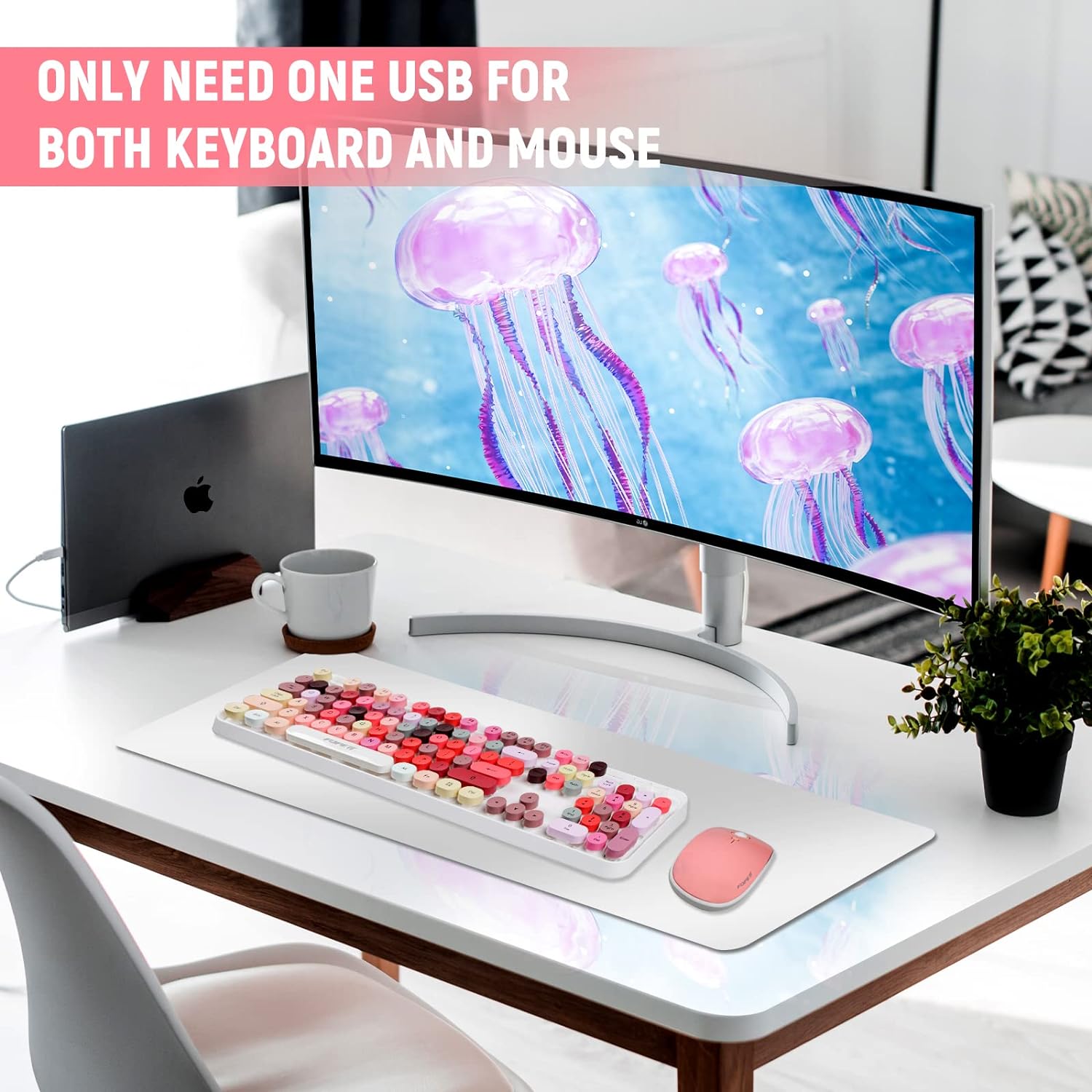 FOPETT Wireless Keyboard and Mouse Sets,Reliable 2.4 GHz Connectivity for PC,Laptop,Smart TV and More (White Colorful) - Image 2