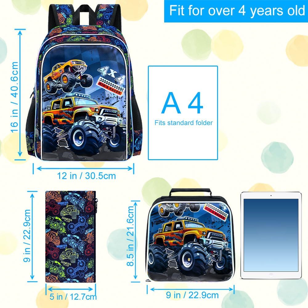 KLFVB 3PCS Dinosaur Backpack for Boys, 16" Kids Bookbag and Lunch Box, Preschool Backpacks for Elementary Students