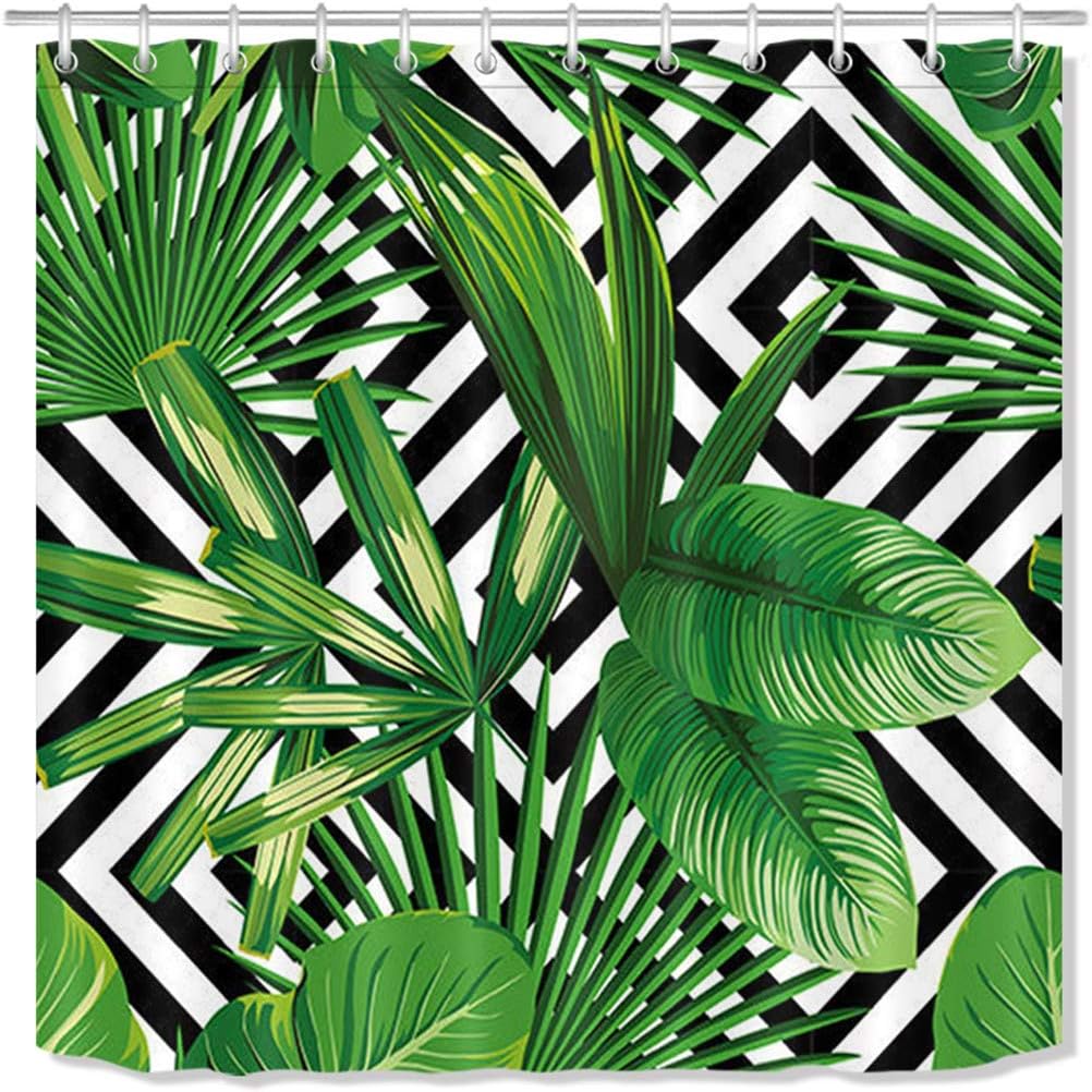LB Green Shower Curtain Mould Proof Resistant- Black and White Waterproof Polyester Fabric Bath Curtain for Bathroom Decor with Hooks 150x180cm - Image 3