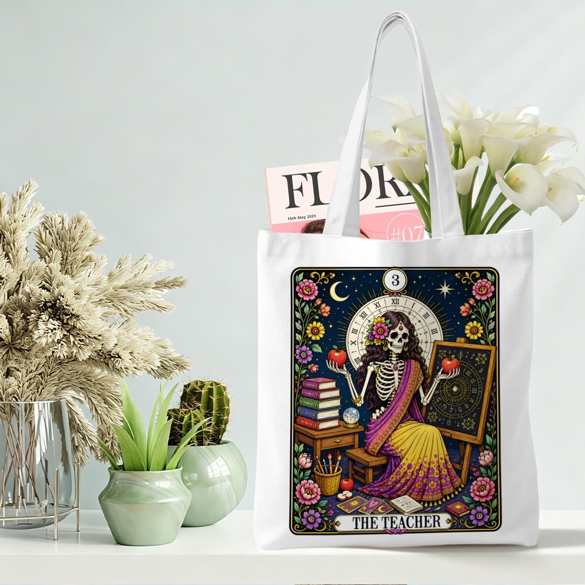 Decohim Funny Skull Tarot Card Sarcastic Canvas Tote Bag Witchy Gifts for Women Grocery Bags for Halloween Birthday image 3