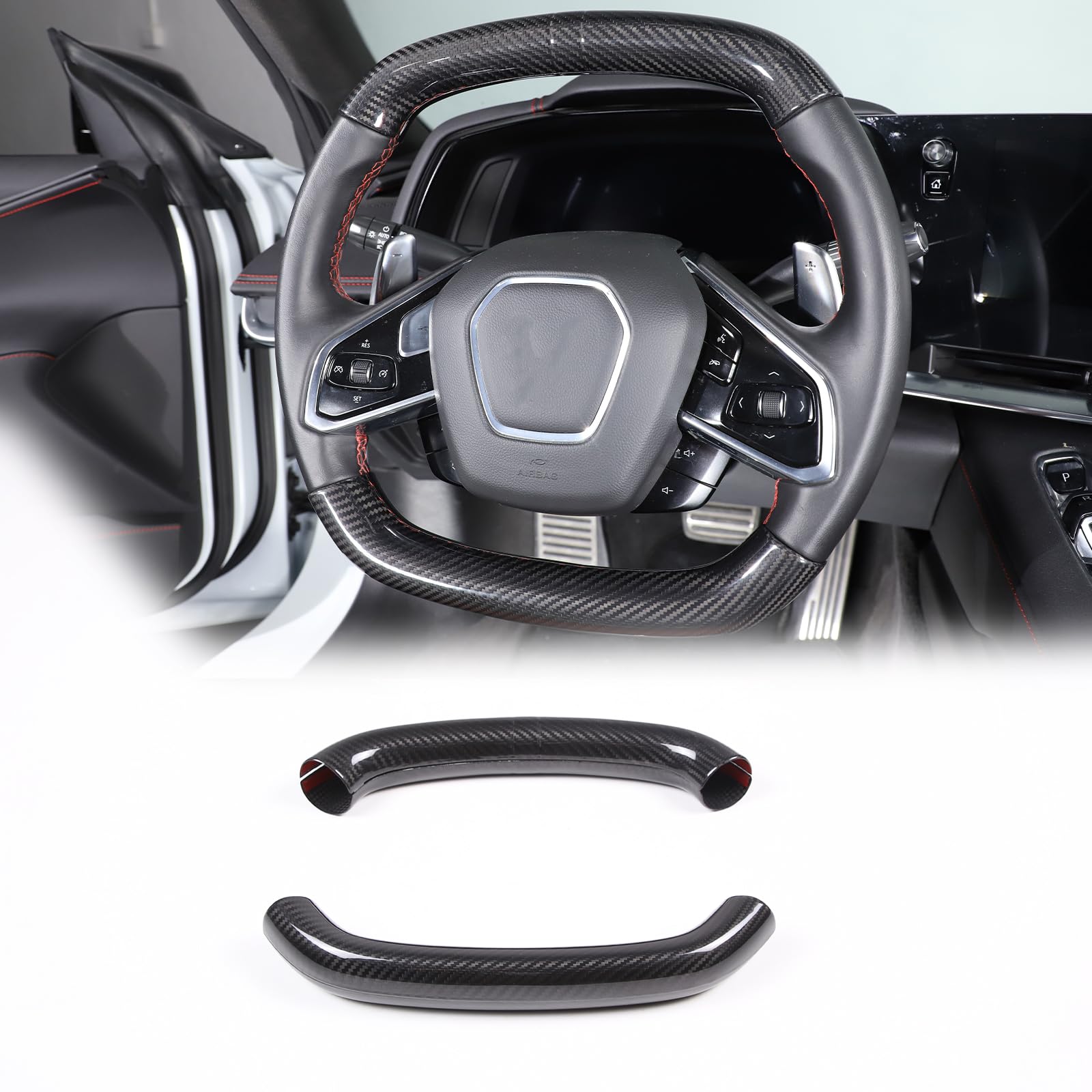 Photo 1 of Steering Wheel Cover Trim Compatible with Chevrolet Corvette C8 2020-2026 100% Real Carbon Fiber 4PCS,Steering Wheel Circle Round Cover,Interior Protection Accessories (Black Carbon)
