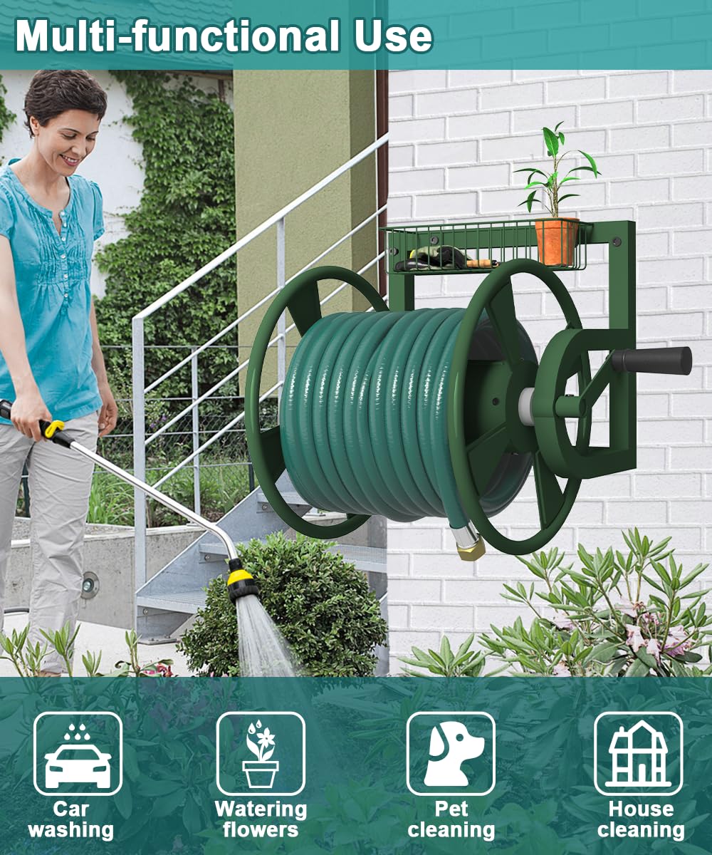 Artigarden Carrete de manguera de jardín montado en la pared, soporte de manguera de agua resistente para exteriores, soporta 125 pies de manguera de 5/8 pulgadas, con manguera líder de 4 pies,