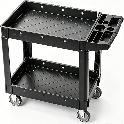 VEVOR Utility Service Cart, 2 Shelf 550LBS Heavy Duty Plastic Rolling Utility Cart, Medium Lipped Shelf, 360° Swivel Wheels, Ergonomic Storage Handle for Warehouse Garage, Black | Heavy Duty Rolling Cart with 360° Swivel