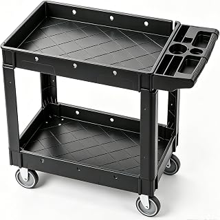 VEVOR Utility Service Cart, 2 Shelf 550LBS Heavy Duty Plastic Rolling Utility Cart, Medium Lipped Shelf, 360° Swivel Wheels, Ergonomic Storage Handle for Warehouse Garage, Black