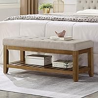 WEMARTHOMEDECOR 24KF Large Tufted Linen Ottoman Bench with Storage Shelf - Upholstered Entryway Footstool