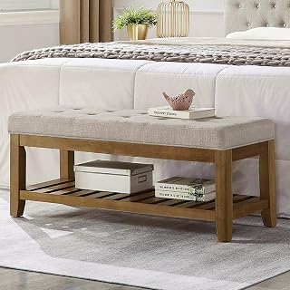 WEMARTHOMEDECOR 24KF Large Tufted Linen Ottoman Bench with Storage Shelf - Upholstered Entryway Footstool