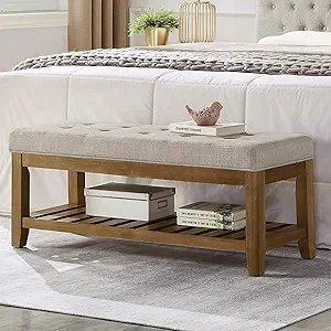 24KF Large Rectangular Upholstered Tufted Linen Fabric Ottoman Bench