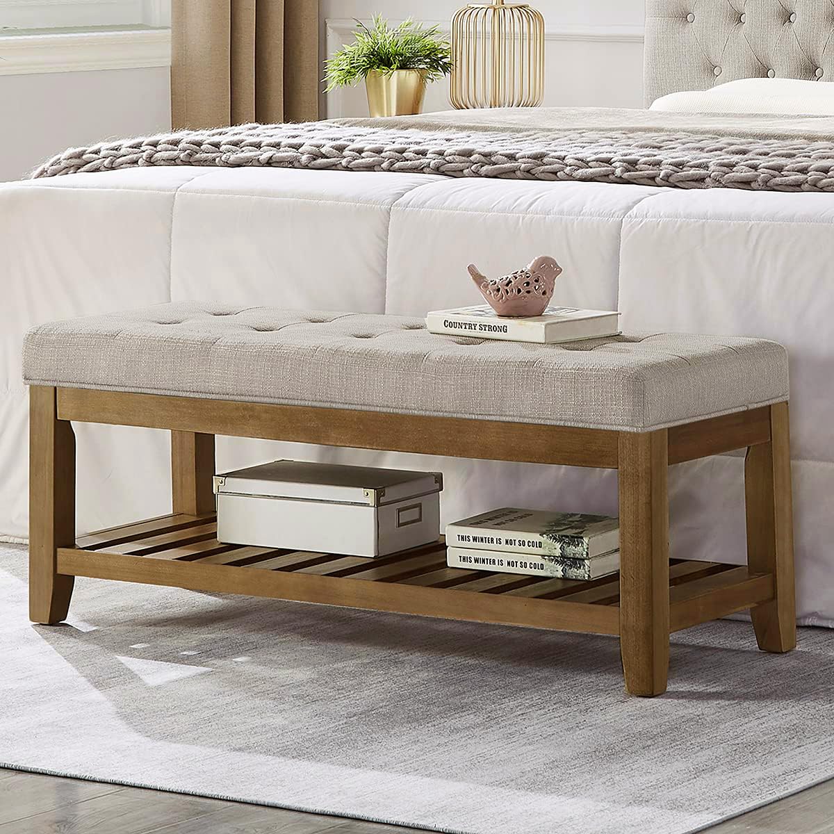 24KF Large Rectangular Upholstered Tufted Linen Fabric Ottoman Bench, Padded Bench with Solid Wood Shelf-Linen