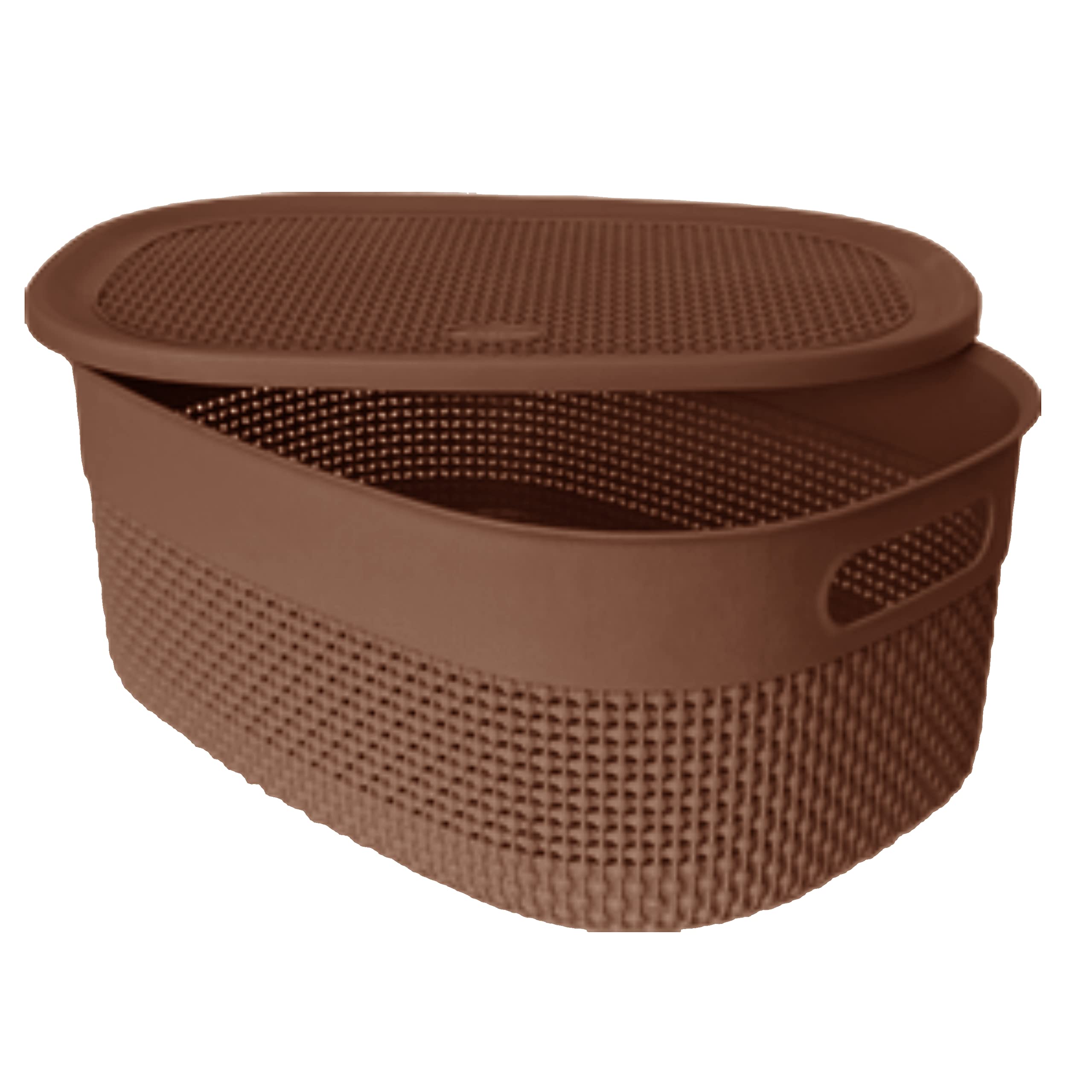 JMS we create smile 14L Litre Plastic Storage Basket, Stackable Organiser Oval Storage Boxes for Kitchen Bathroom Nursery (With Lid, Brown)