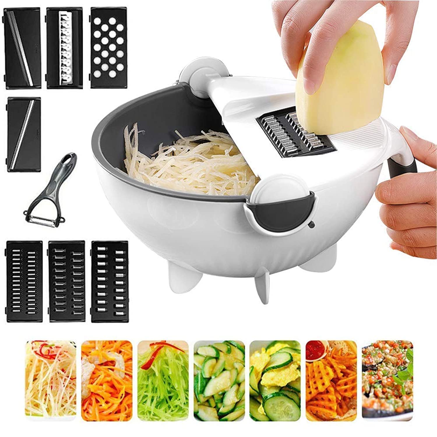 Nghyjn Magic Rotate Vegetable Cutter With Drain Basket, 9 in 1 Multi-functional Large Capacity Vegetables Chopper, Kitchen Veggie Fruit Shredder Grater Slicer