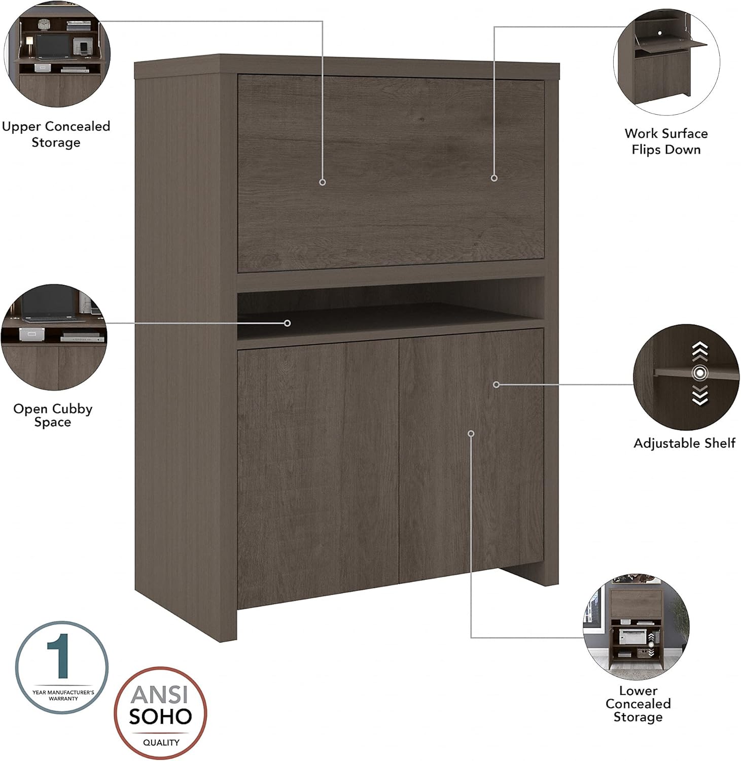 Вибухнув view of Bush Furniture Bristol Secretary Desk with labels for components