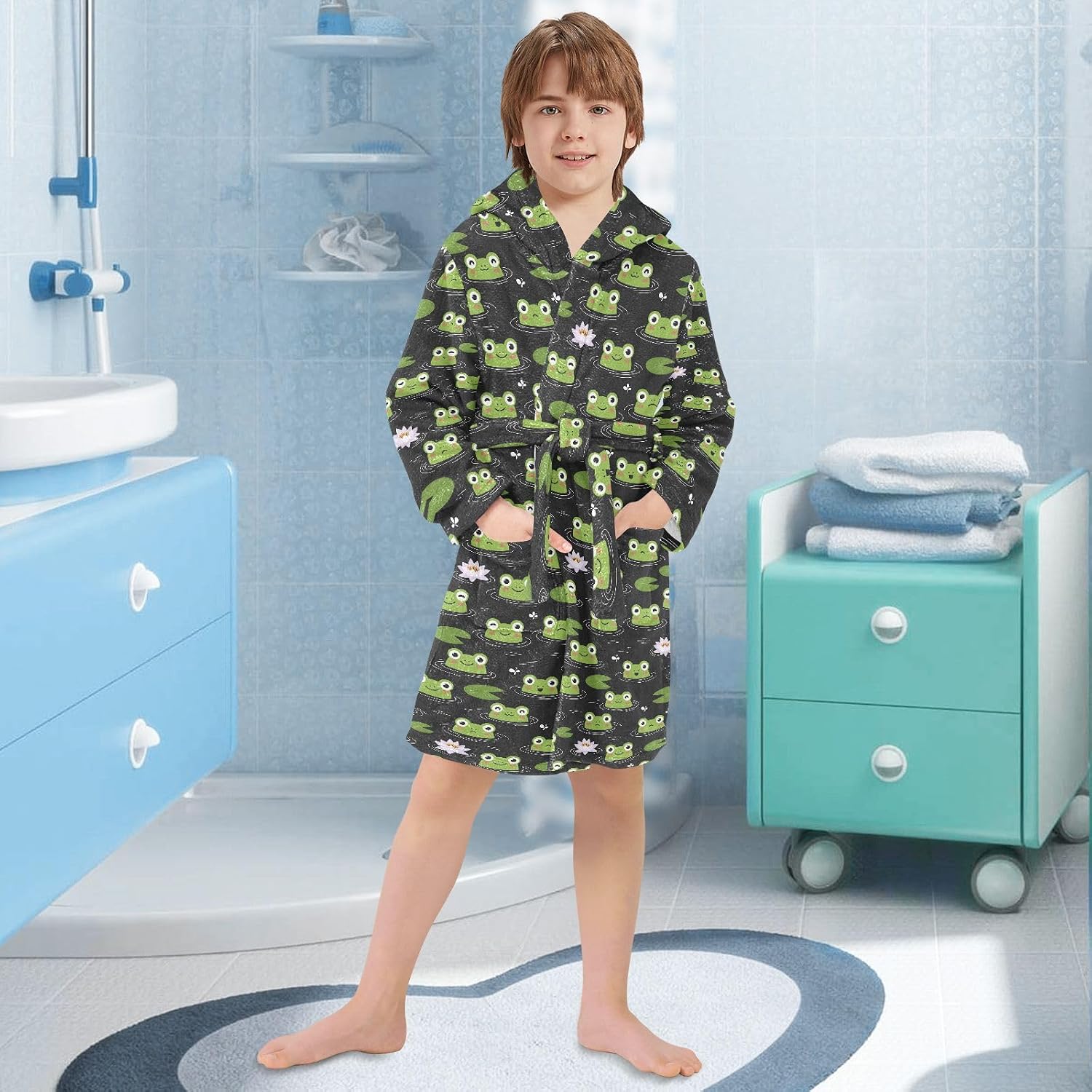 senya Frog Lotus Cute Toddler Hooded Bathrobe Kids Soft Plush Bath Towel Robes for Boys Girls 2-12 Years