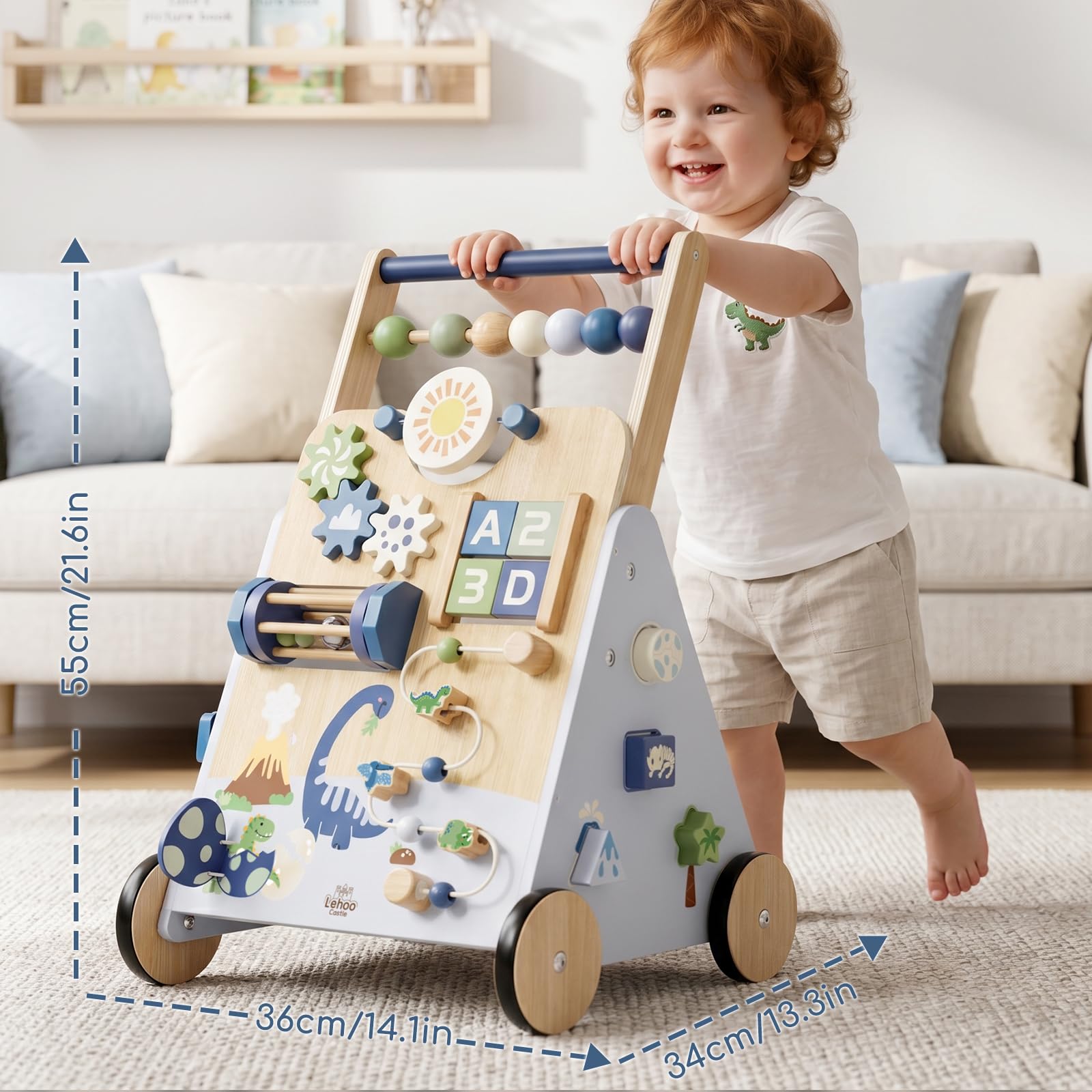Lehoo Castle Andador Bebes de Madera, Caminador Bebé Dinosaurio | Freno Ajustable, Centro de Actividades 9 en 1, Montaje Fácil, Juego Educativo Montessori, Regalo Bebé Niño 1 Año