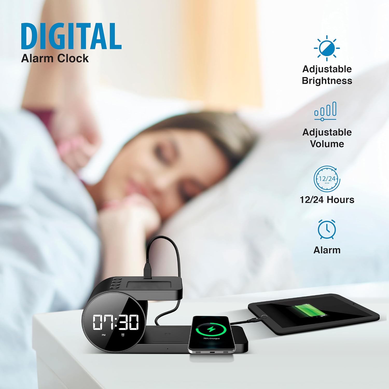 Brookstone 4-in-1 Wireless Charging Station with digital alarm clock features