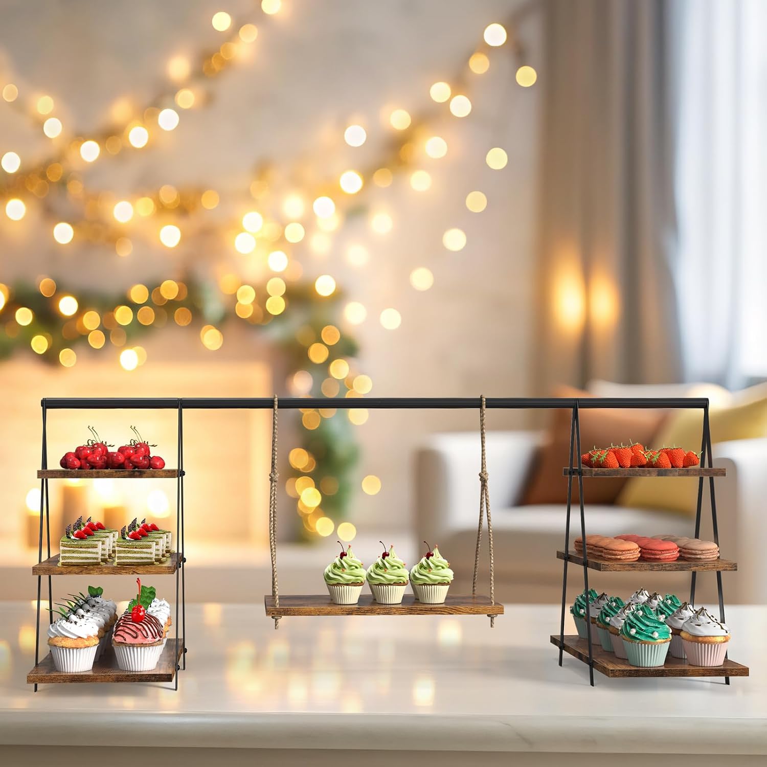 LIANTRAL Wooden 3 Tier Cupcake Stand, Wood Cupcake Display Stand with Swing | Brown Dessert Table Display Set with Serving Tray for Birthday, Party, Wedding, Farmhouse Decor