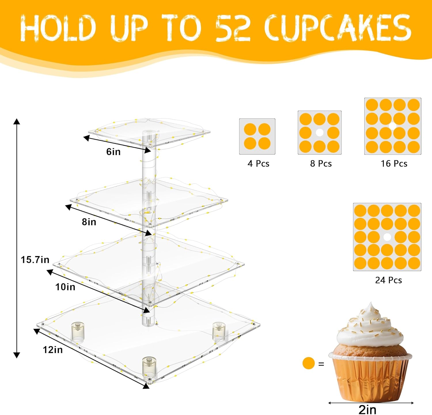Cupcake Stand with Lights, 4 Tier Acrylic Cupcake Tower with Yellow LED String Lights, Clear Cupcake Display Stand for Wedding,Baby Shower, Birthday - Image 7