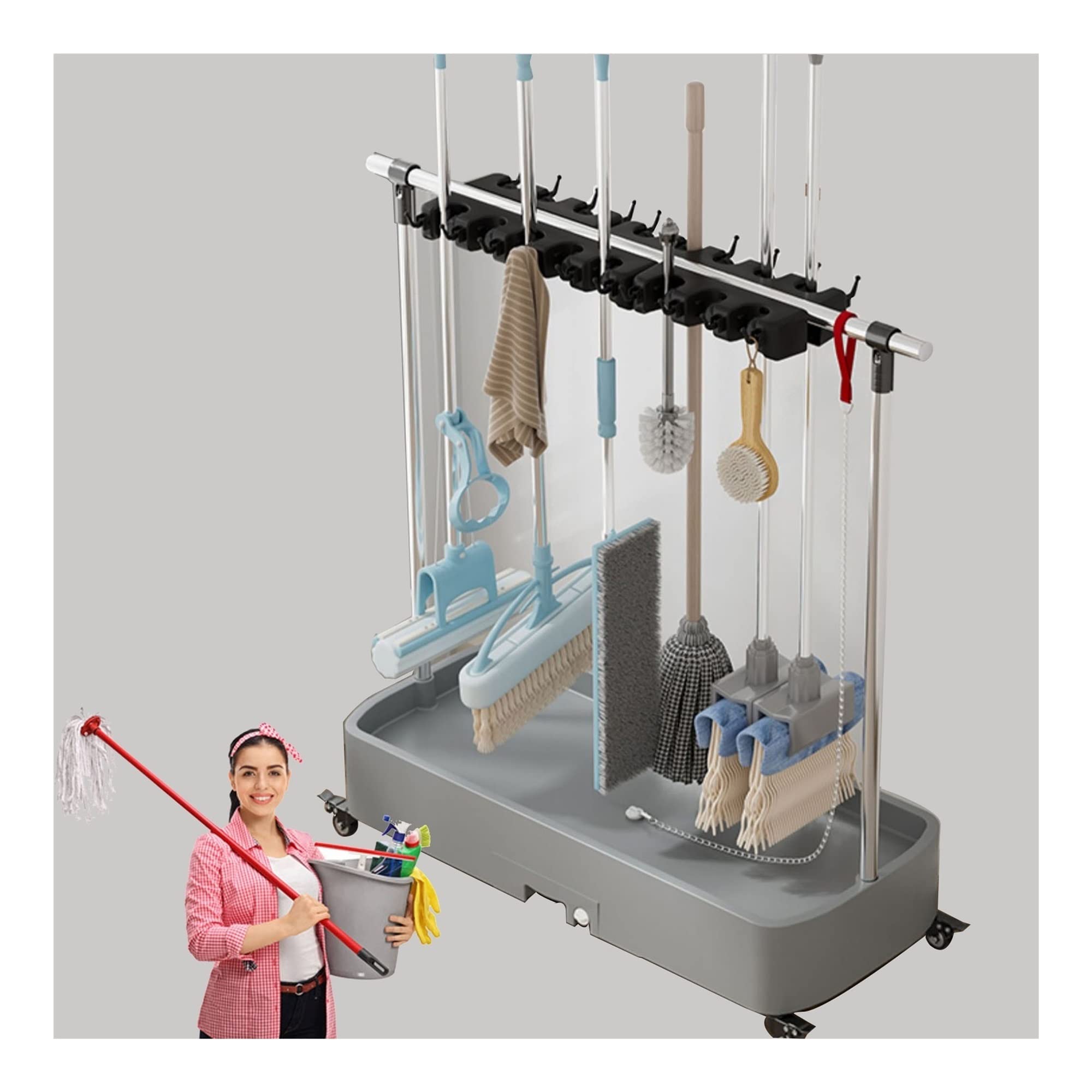 ASerZenith Floor Standing Broom Mop Holder Put Wet Mops,Cleaning Tool Cart, Movable Commercial Mop Rack,Cleaning Supplies Organizer,Garden Tool Storage,Mop Drain Rack,For(Yellow-92Cm)