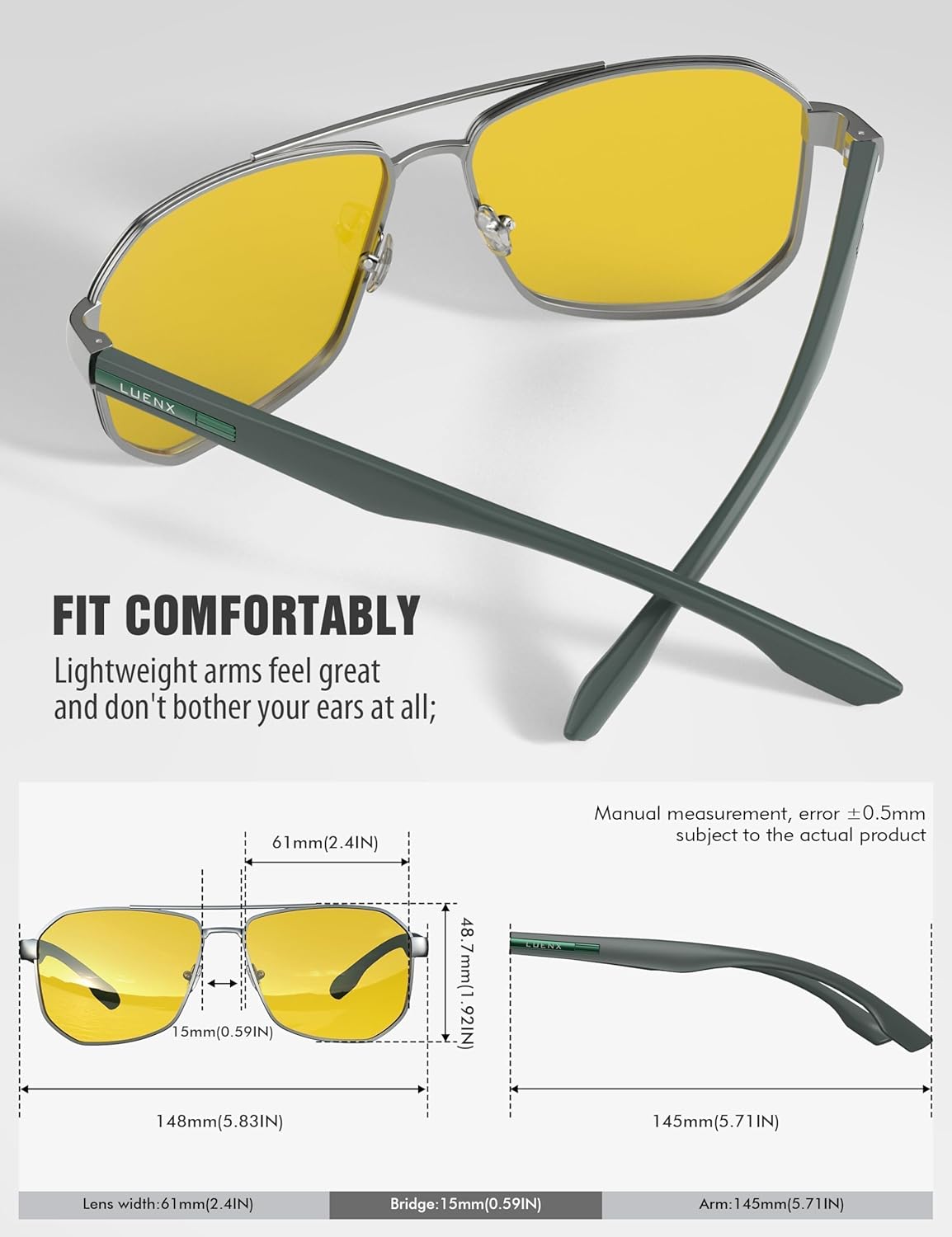 LUENX Aviator Sunglasses for Men Square Polarized Polygon Shades UV400 Sun Glasses with Accessories - Image 5