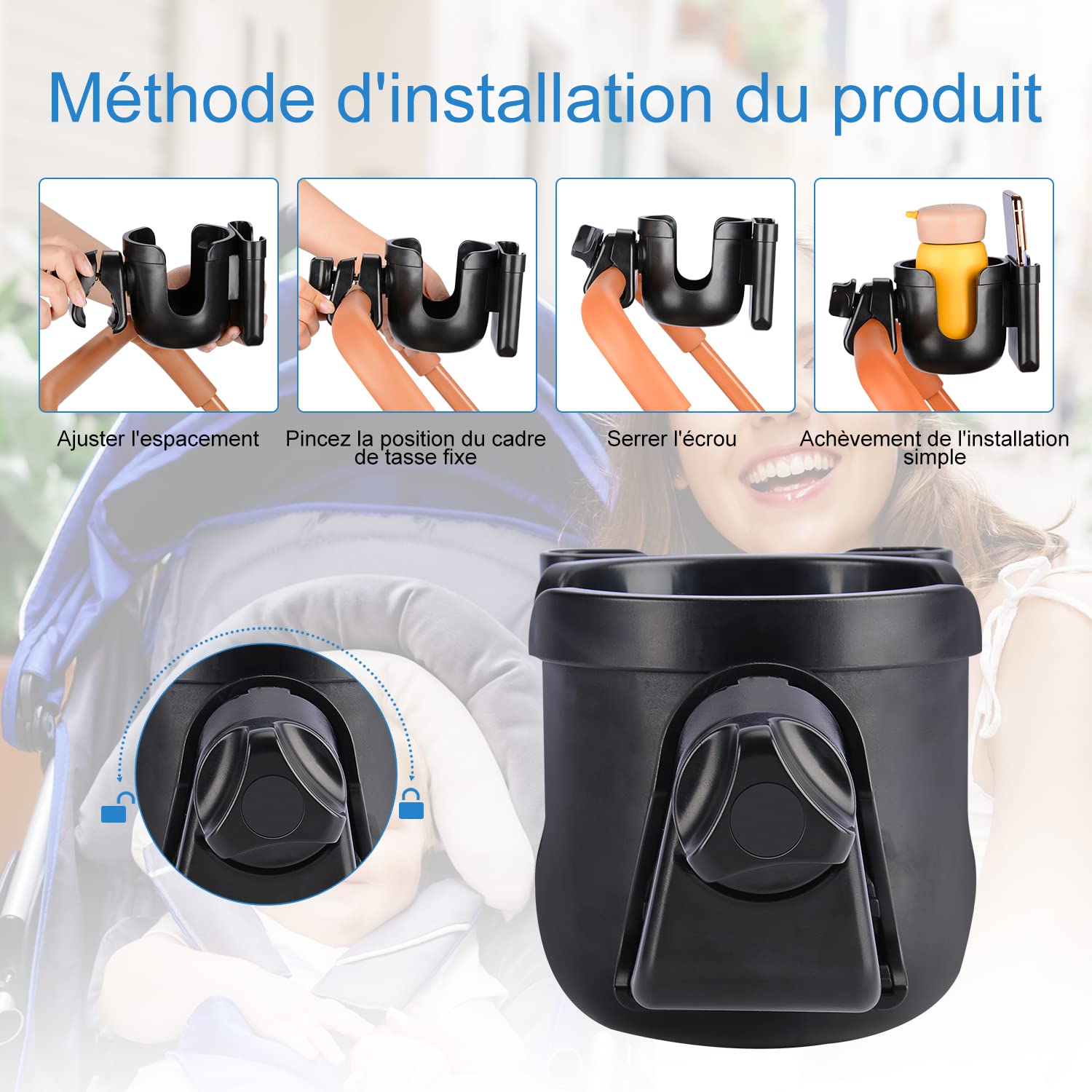 supregear Porte Gobelet Poussette, Rotatif à 360 Degrés 2 en 1 Parent Porte Gobelet Porte Bouteille d'eau Support de Téléphone pour Poussette Marcheur Vélo, Noir et sans Outil