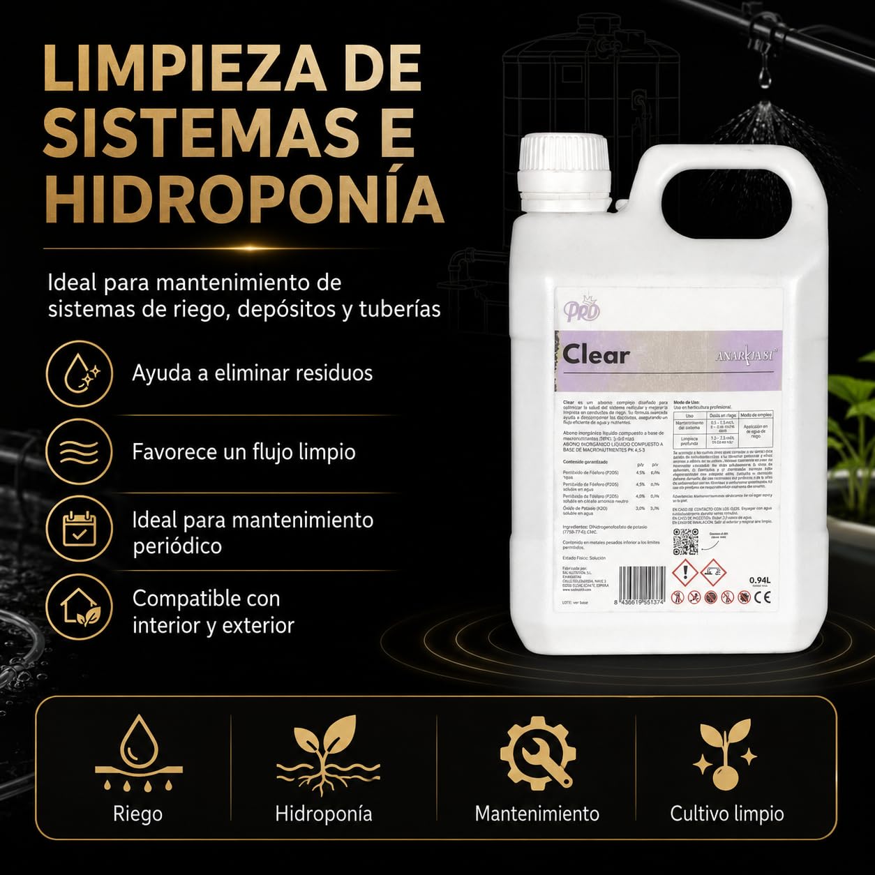 CLEAR 18,92 L – Limpiador de Sales y Sustrato Flush Raíces Limpieza Sistemas Hidropónicos Fertilizante Mantenimiento Cultivo Interior y Exterior - Anarkia81