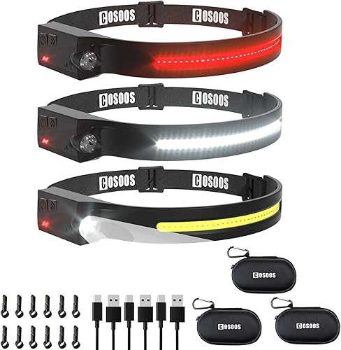 COSOOS Linterna frontal LED recargable 3 piezas con estuches, luz blanca y roja, sensor de movimiento, clips de casco duro, lámpara de cabeza de haz