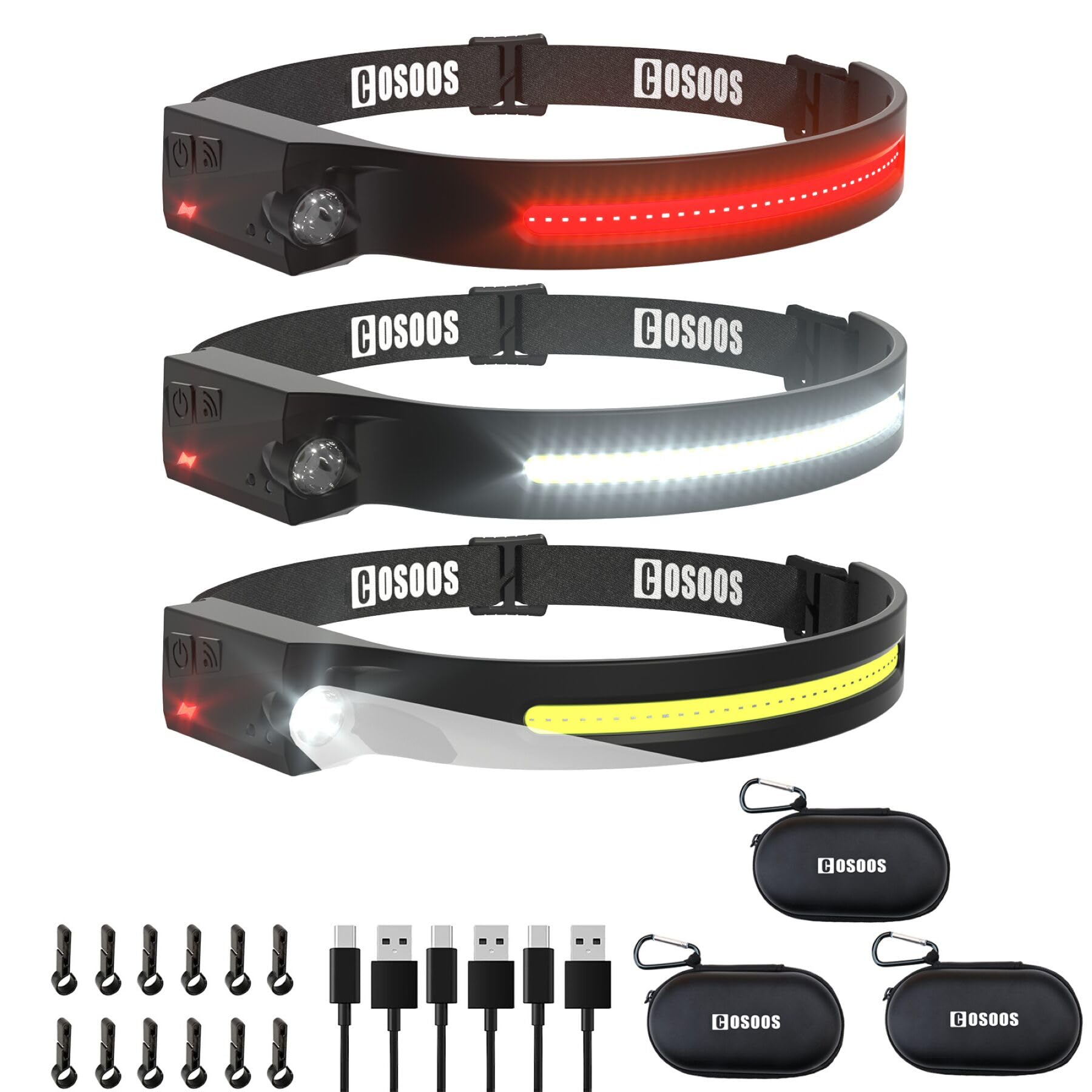 LED Headlamp Rechargeable 3PCS with Cases, White & Red Light, Motion Sensor, Hardhat Clips, 230° Wide Beam Head Lamp for Adults, Head Light Flashlight for Hiking Camping Accessories