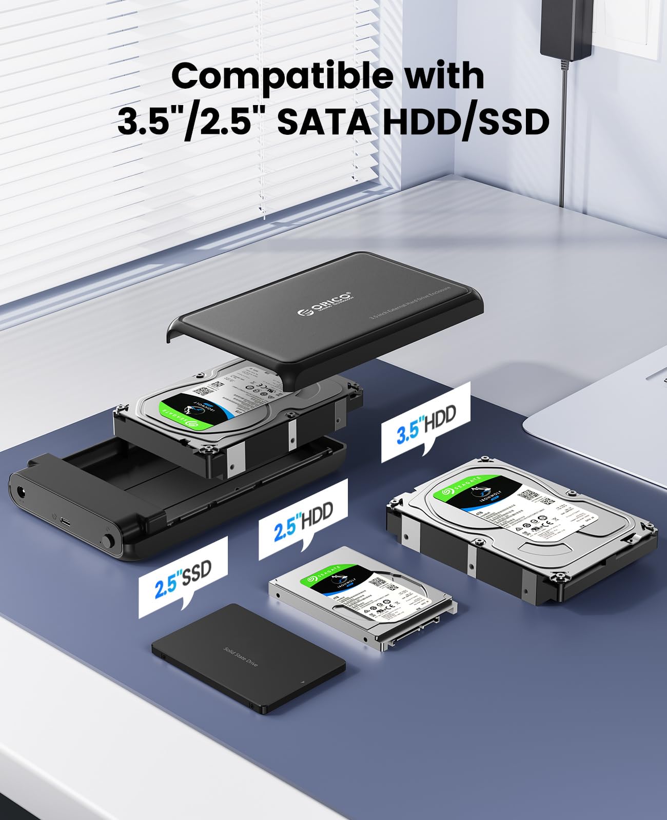 ORICO Festplattengehäuse 3.5 Zoll USB C 5Gbps Externes HDD Gehäuse für 2,5"/ 3,5" SATA HDD und SSD Maximal 20 TB, Unterstützt UASP, 12 V/2A Netzteil ABS (DDL35C3-Schwarz)