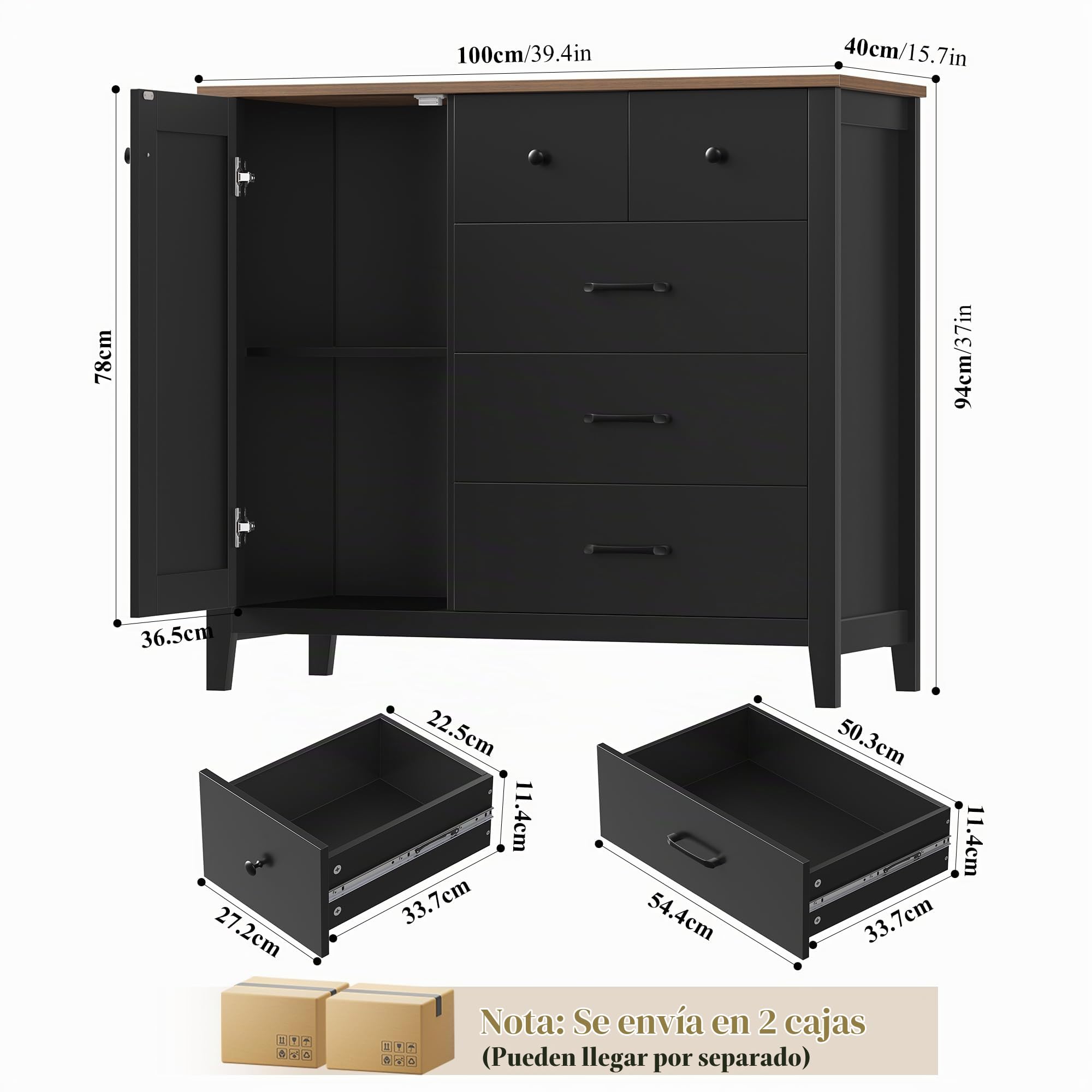 HOCSOK Aparador Cocina Negro con 5 Cajones y 1 Puerta, Aparadores | Estantes ajustables, Mueble Auxiliar de Almacenaje Moderno con Amplia Encimera, Ideal para Cocina, Comedor y Salón