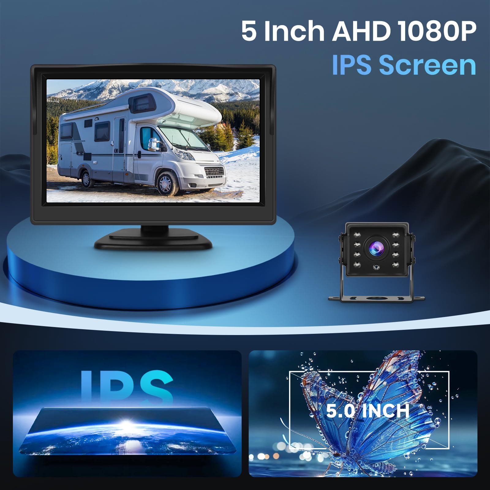 VECHTE Cámara Marcha Atras 5 Pulgadas IPS HD Monitor 1 Cámara Trasera Coche de Visión Nocturna Imperme IP68 para Coche Camiones Autobuses Furgonetas Camiones, 10m Cable